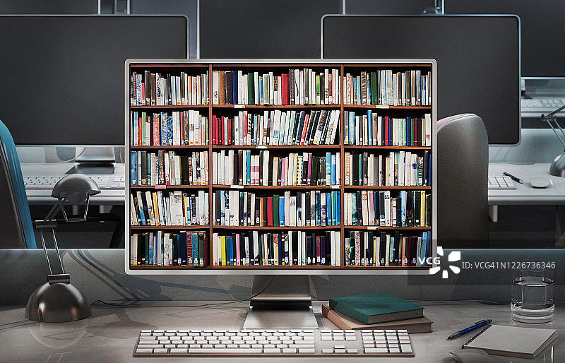 电脑屏幕上的书库图片素材