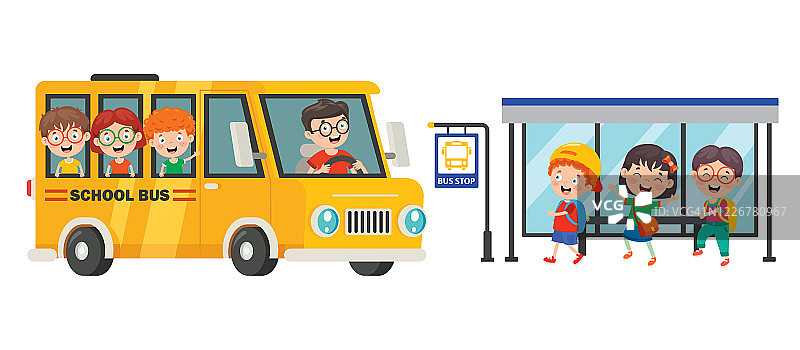 快乐的孩子和校车图片素材