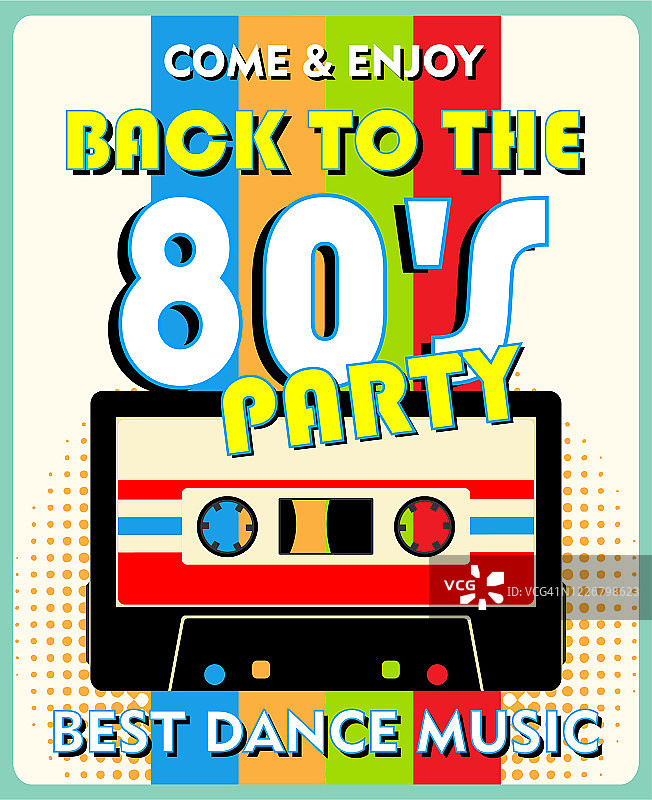 复古设计风格的80年代复古音乐派对和老式音乐卡带海报。迪斯科派对80年代。图片素材