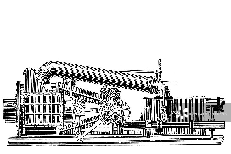 海军用卧式干线蒸汽船用发动机的古老雕刻插图图片素材
