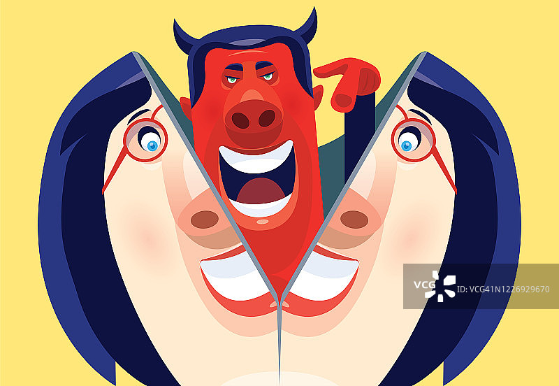 从女人面具中出现的邪恶男人并指向前方图片素材