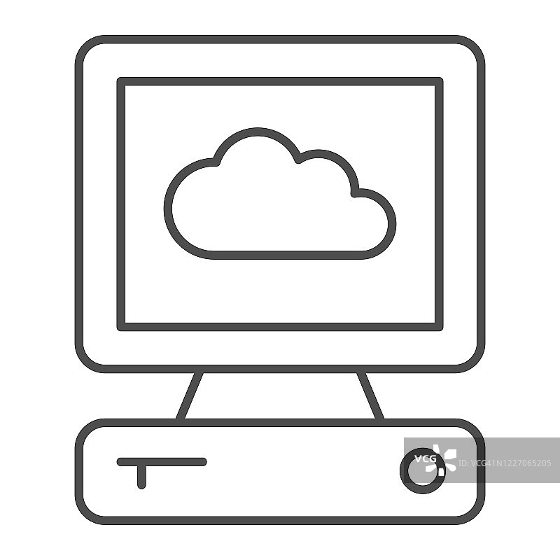 电脑屏幕上的云朵细线图标，智能家居概念，云计算技术白色背景矢量标志，移动和网络显示器及存储概要图标。矢量图形图片素材