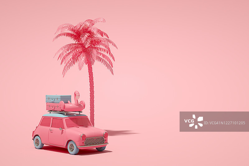 极简夏季和旅行概念，3D汽车和行李箱图片素材