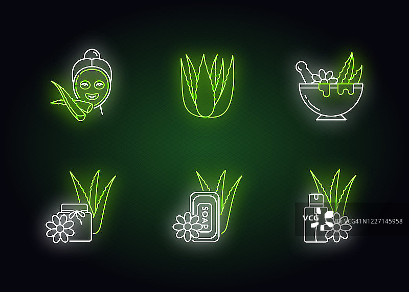 芦荟霓虹灯图标集。面部保湿面膜。水疗护理。用于皮肤病学和美容学的药用草药。具有外部发光效果的标志。矢量孤立RGB颜色插图图片素材