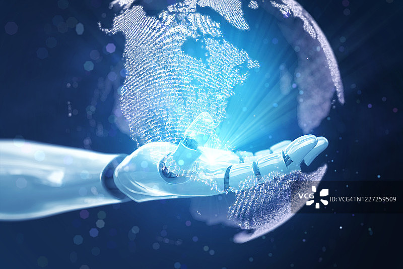 机器人手展示地球全息图图片素材