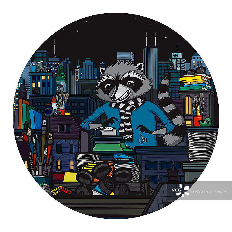 城市圈设计中加班的巨型浣熊图片素材