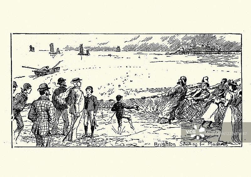 1895年，渔民在布莱顿拖运鲭鱼渔网图片素材