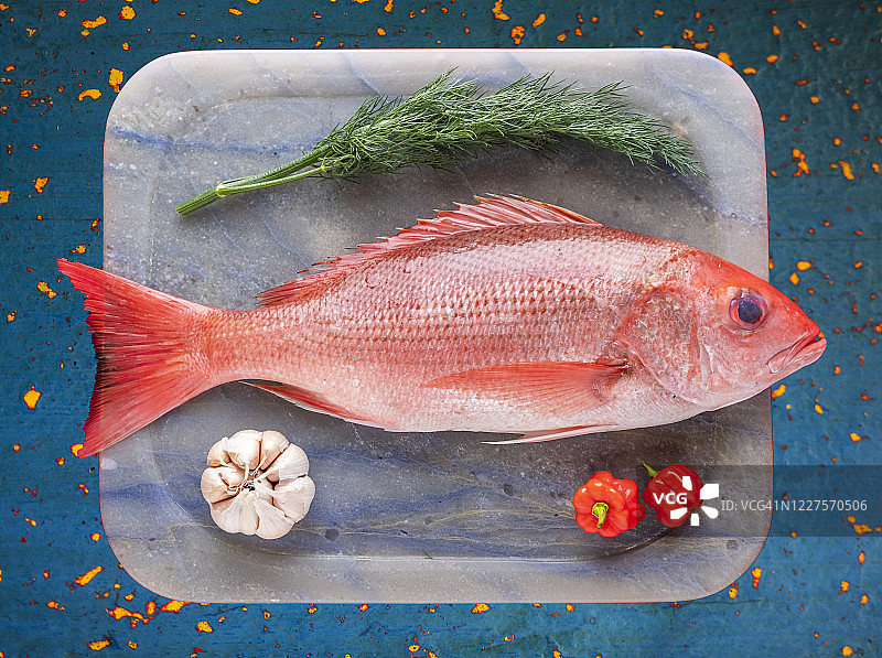 盛有生红鲷鱼的托盘图片素材