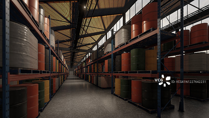 仓库内部堆满桶的货架图片素材