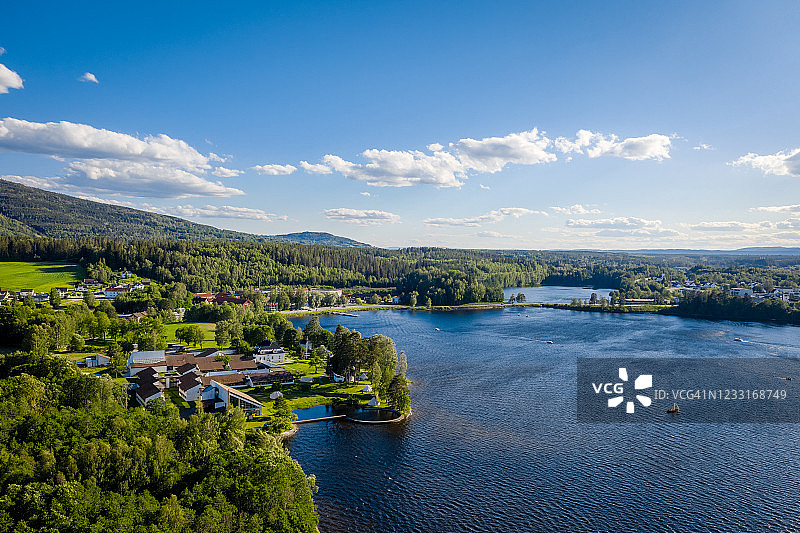 湖泊和茂盛绿植航拍图片素材