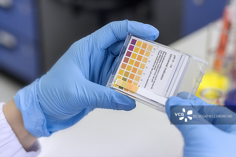 实验室概念：科学家用石蕊试纸检查酸碱度图片素材