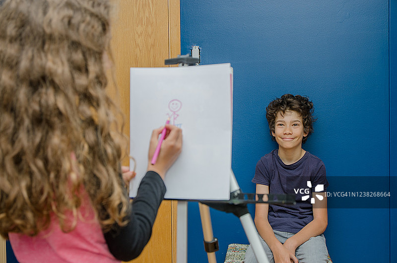 女孩画她的哥哥图片素材