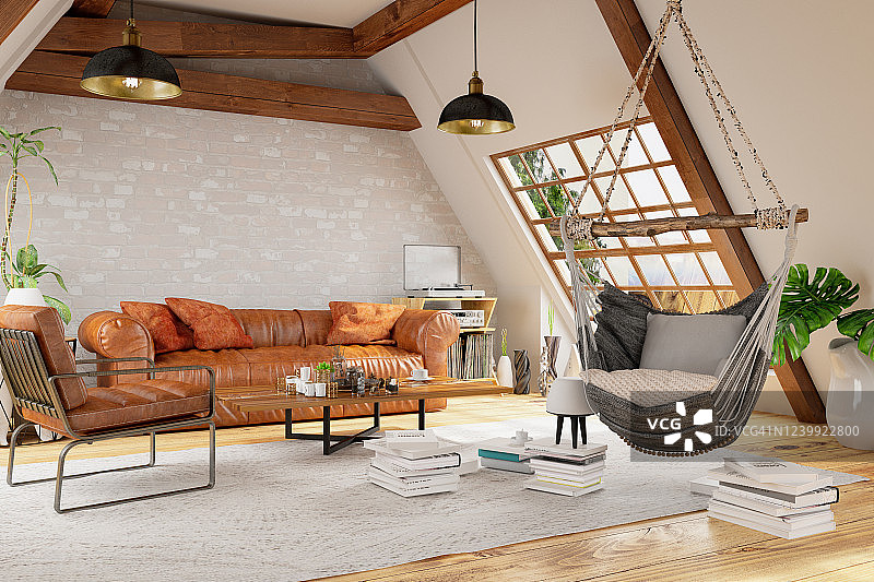 带吊床和家具的阁楼房间图片素材
