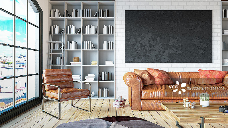 带图书馆和皮革沙发的温馨房间与空白黑框图片素材