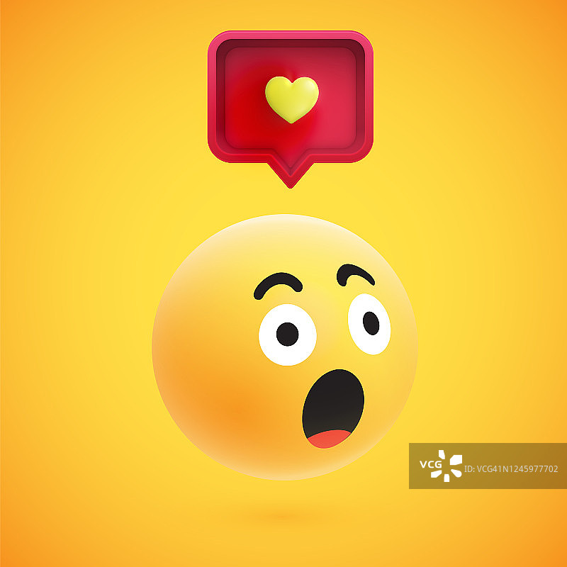 带有语音气泡和心形的可爱高细节黄色3D表情符号，适用于网页矢量插画图片素材