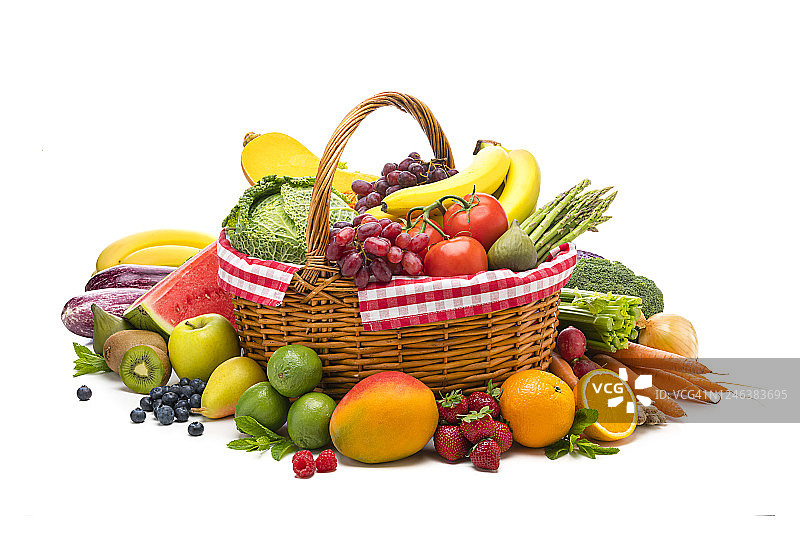 白色背景篮子里的水果和蔬菜图片素材