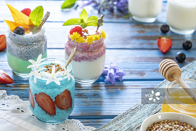 健康早餐：奇亚籽螺旋藻草莓酸奶图片素材