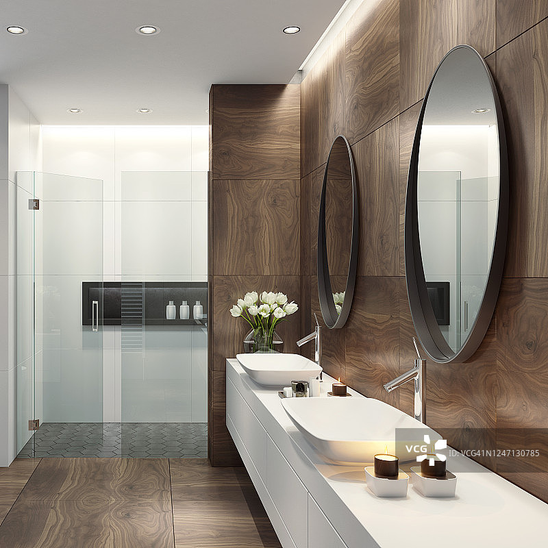 现代浴室：木纹砖与六边形砖图片素材