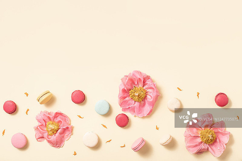 黄色背景上的夏季花卉平铺图片素材