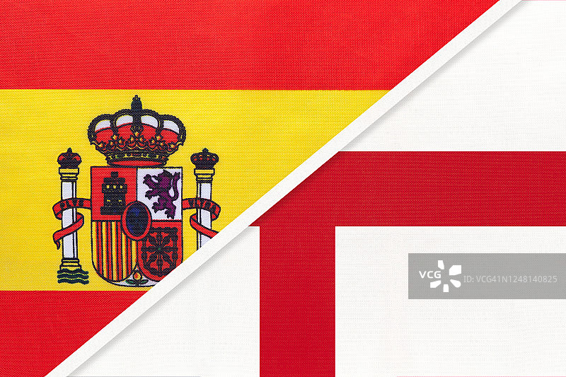 西班牙和英格兰纺织国旗的象征：欧洲国家之间的锦标赛图片素材