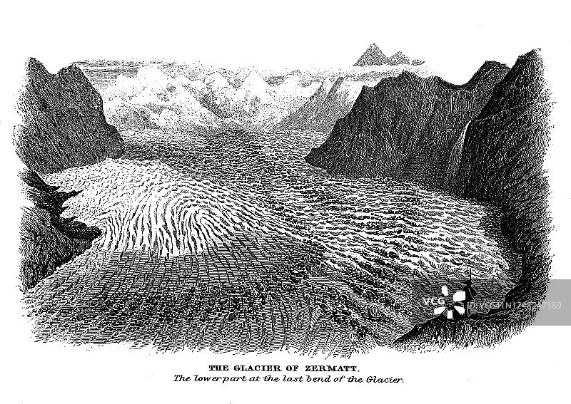 冰川 - 采尔马特冰川古老版画插图图片素材