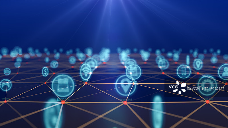 物联网概念：连接到3D空间点的社交图标，信息通信网络抽象技术背景图片素材