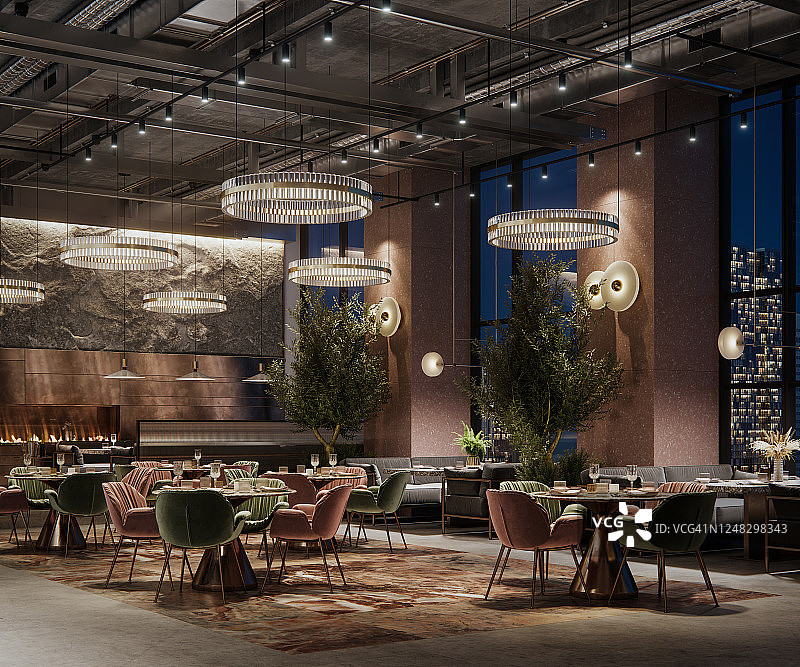 3D渲染豪华餐厅室内夜景图片素材