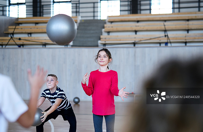 在体育课上用球锻炼的一群学生图片素材