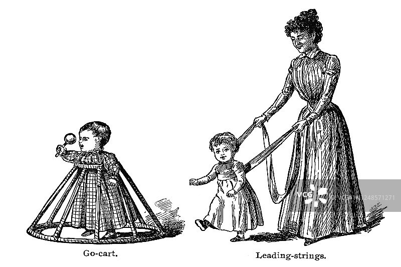 儿童首次尝试站立和行走古版画图片素材