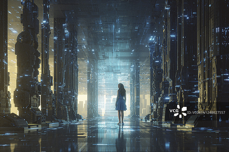 站在未来感街道上的女人图片素材