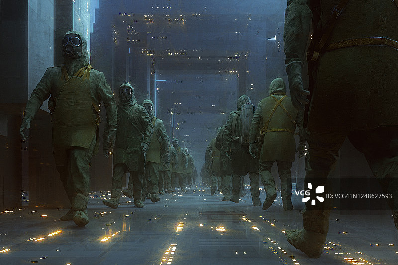 清理人员走在被摧毁的城市中图片素材