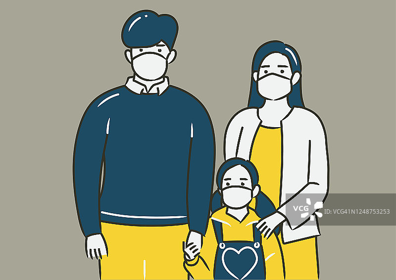女儿牵着戴口罩的父母的手图片素材