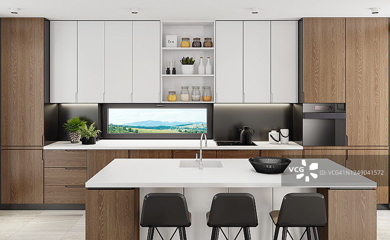 乡村背景下的英式橡木橱柜和岛台白色厨房图片素材