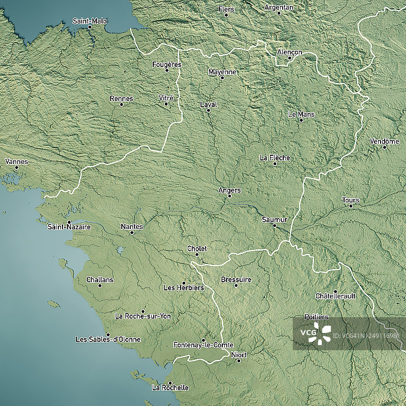 卢瓦尔河地区3D地形图彩色边界城市图片素材