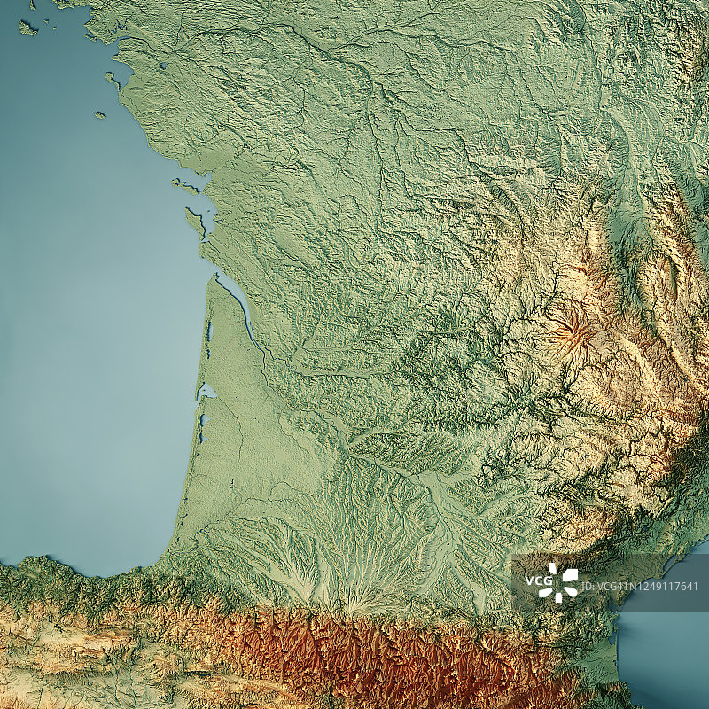 新阿基坦大区3D地形图渲染彩色图片素材
