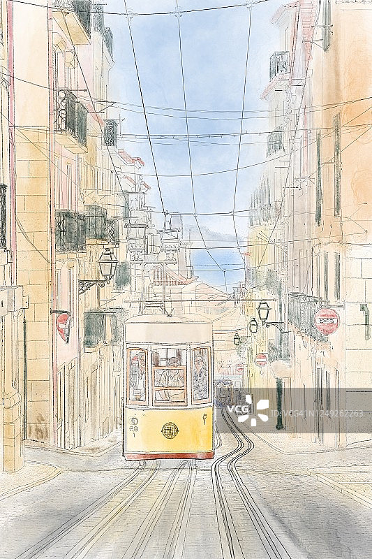 里斯本巴洛阿托区的缆车（插画）图片素材