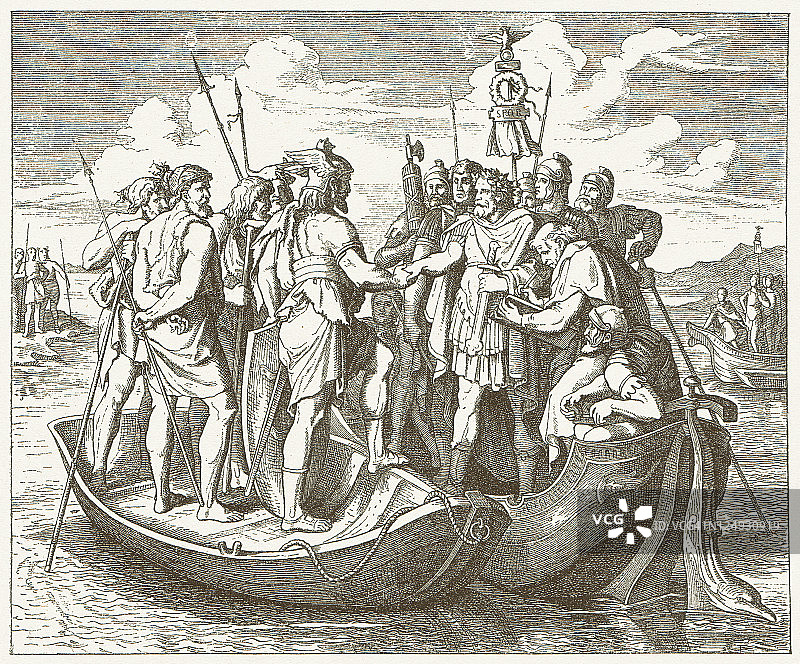 公元369年瓦伦斯和阿塔纳里克在多瑙河畔图片素材