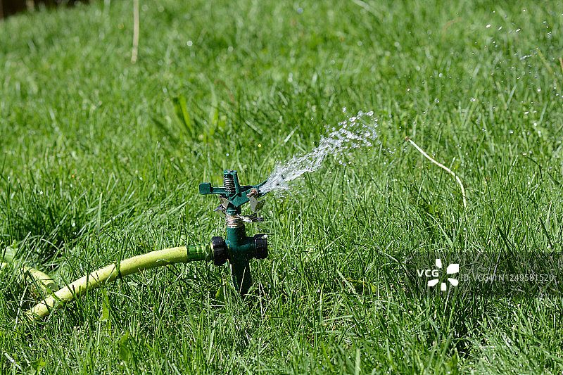 洒水器和软管浇灌草坪图片素材