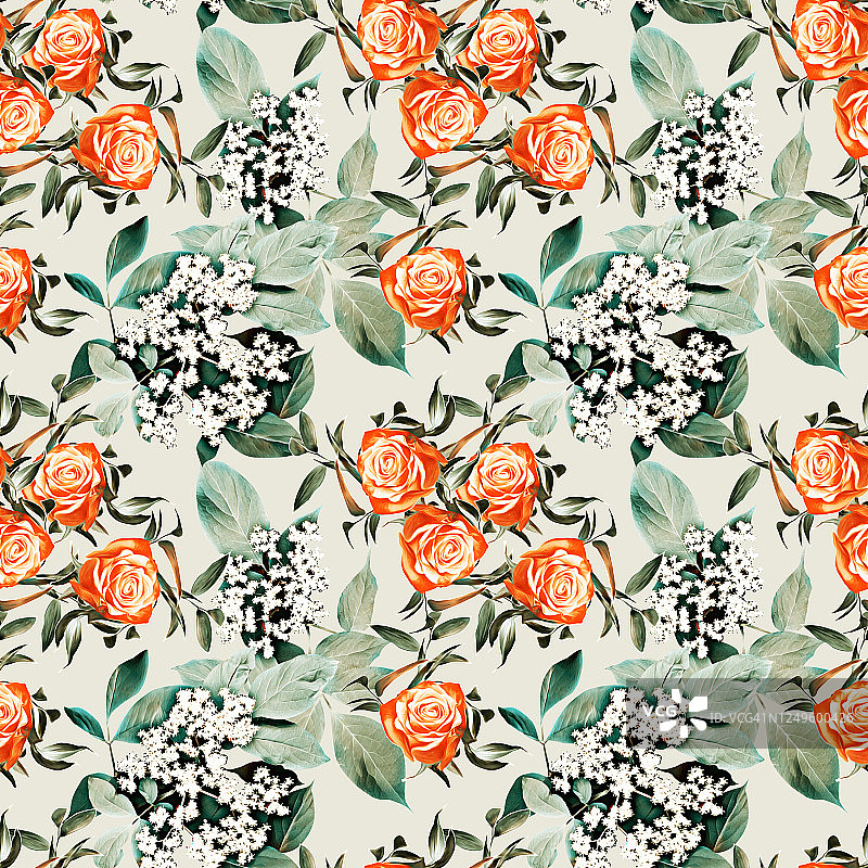 玫瑰花与接骨木花无缝图案图片素材