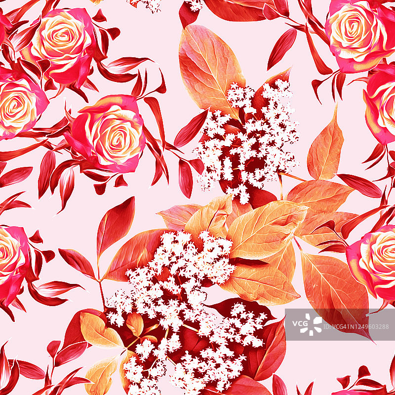 玫瑰花与接骨木花无缝图案图片素材