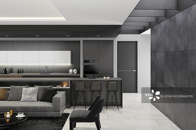 豪华黑色内饰客厅与现代简约意大利风格开放式厨房及长厨房岛台图片素材