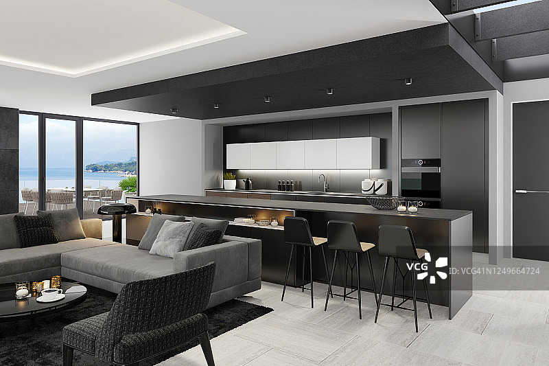豪华黑色内饰客厅与现代简约意大利风格开放式厨房及长厨房岛台图片素材
