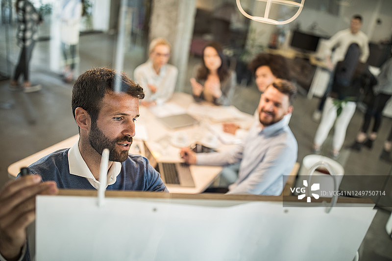年轻商人与同事开会时在白板上写想法图片素材