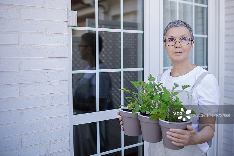 在阳台上拿着一盆天竺葵的中年妇女图片素材