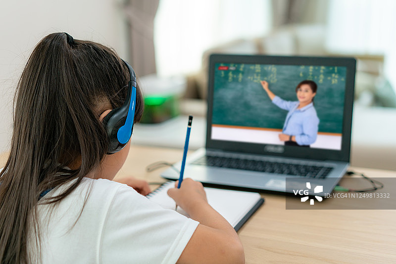 亚洲女孩在家中客厅通过电脑与老师进行视频会议电子学习，在家上学和远程学习，在线教育和互联网保护免受COVID-19病毒侵害。图片素材