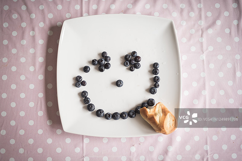 白色方盘，蓝莓排列成笑脸，一片奶油蛋糕作为舌头图片素材