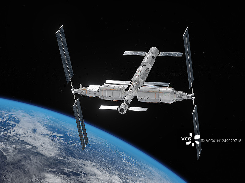 中国空间站在地球轨道上图片素材