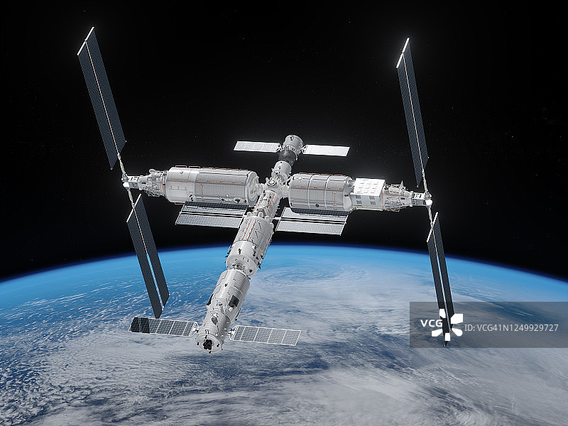 中国空间站在地球轨道上图片素材