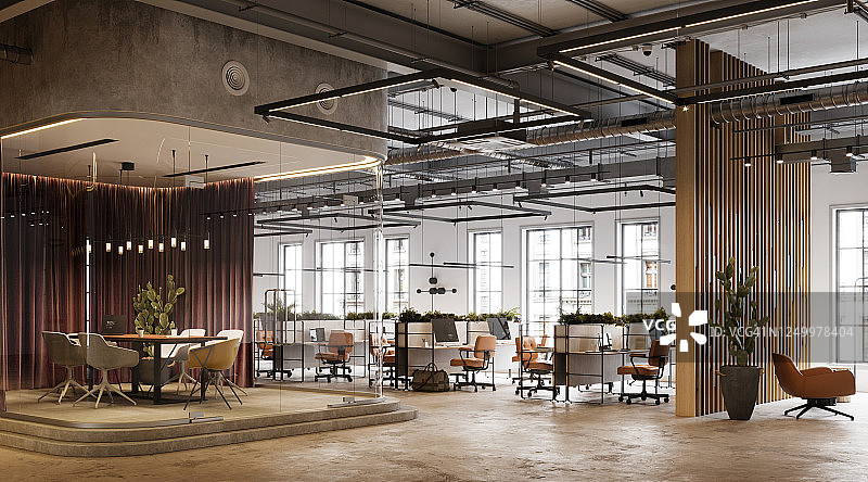 现代开放式办公空间3D渲染图片素材