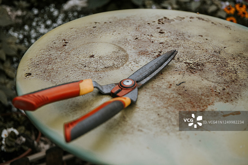 后院质朴桌子上脏旧的园艺剪刀图片素材